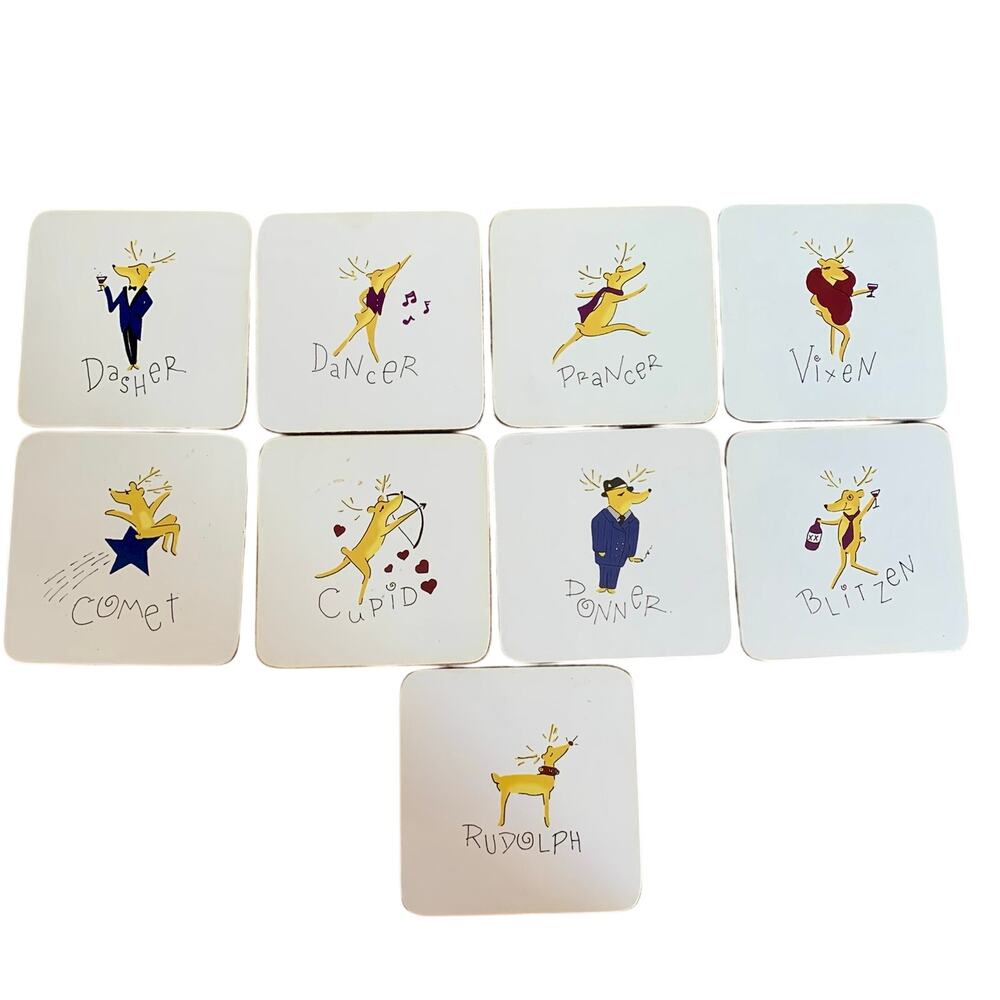 Pottery Barn Santa’s Reindeer Coasters Cork Backed Christmas Holiday Set of 9